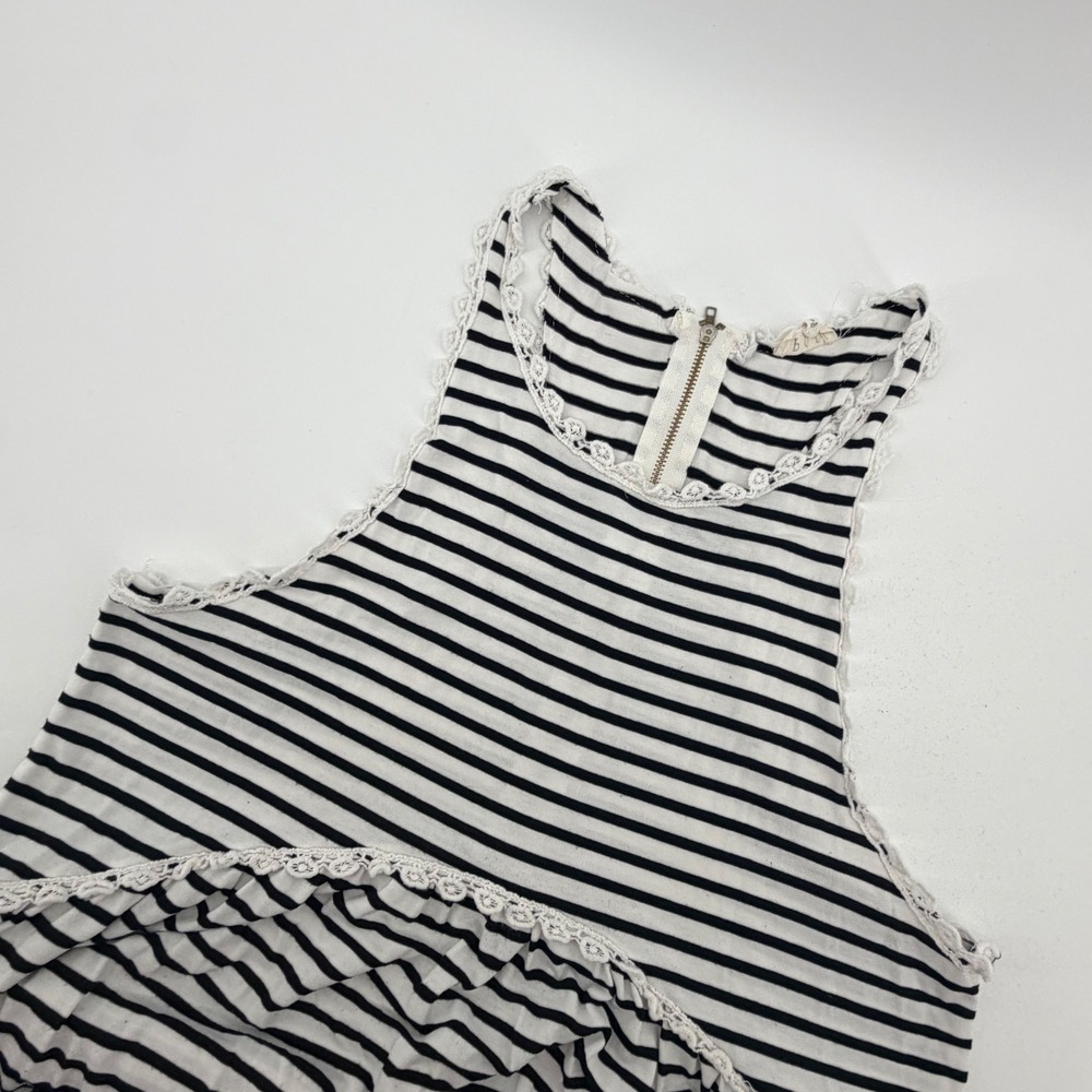 POL Striped Trapeze Dress Women Medium Black White Lace Trim Sleeveless Boho